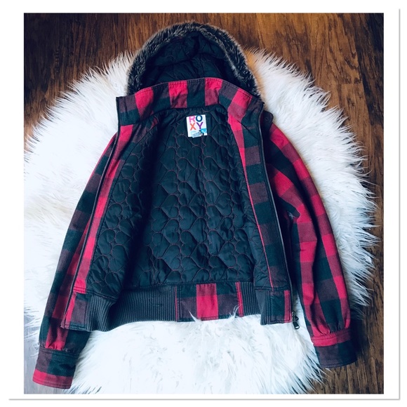 Roxy Jacket Buffalo Plaid Red Brown Fur Trim Small - Picture 2 of 12